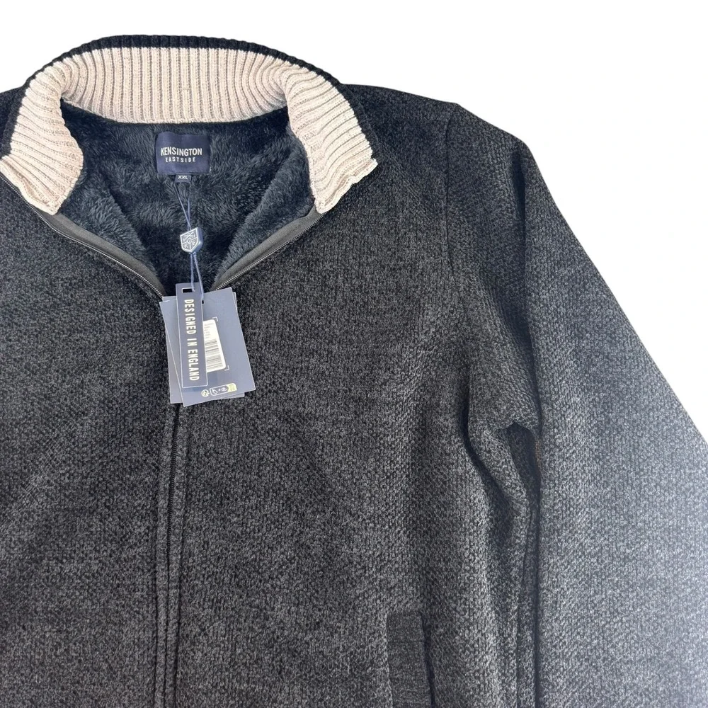 Kensington Eastside Mens XXL Black Marl Faux Fur Lined Full Zip Sweater Jacket